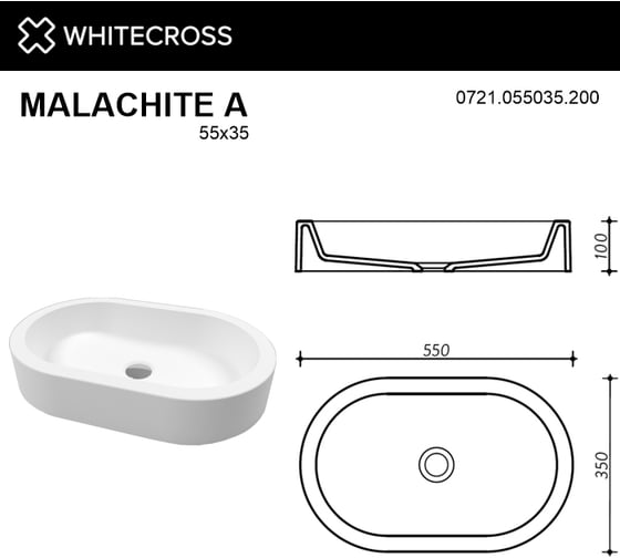 Умывальник WHITECROSS Malachite A 55x35 см, белый матовый, искусственный камень 0721.055035.200