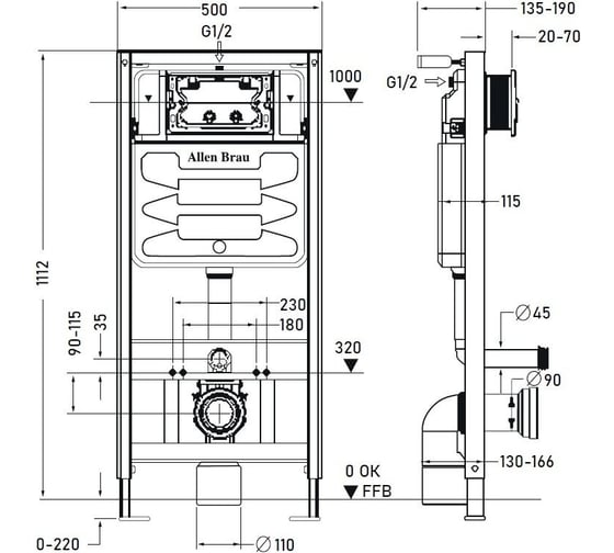 Инсталляция для подвесного унитаза ALLEN BRAU PNEUMATIC патрубки, без кнопки, 1112x115x500 мм 00306274