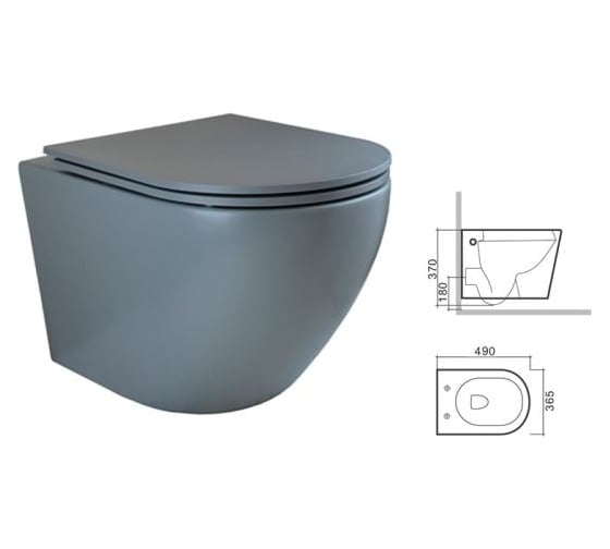 Подвесной унитаз BRONZE DE LUXE SCANDI безободковый, цвет матовый серый, 490x365x370мм (в комплекте с крышкой) 3006-GM
