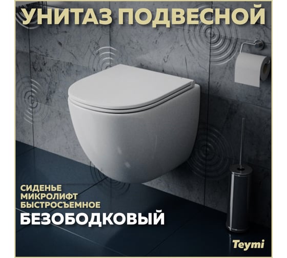 Подвесной унитаз Teymi Lina S безободковый, сиденье микролифт T40102 ЦБ-00260333 - выгодная цена, отзывы, характеристики, фото - купить в Москве и РФ