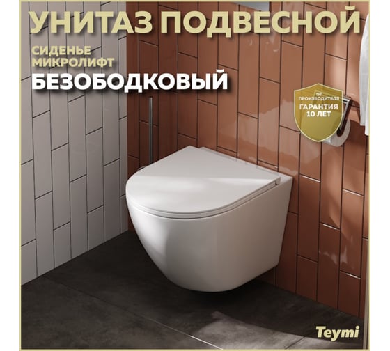 Подвесной унитаз Teymi Lina S безободковый, сиденье микролифт T40102 ЦБ-00260333