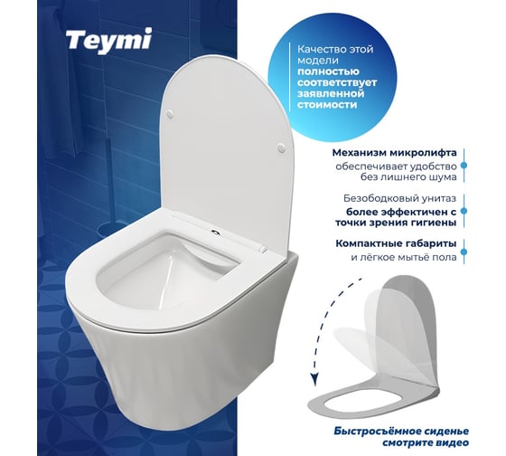 Подвесной унитаз Teymi Ellie безободковый, сиденье микролифт T40802 ЦБ-00266661