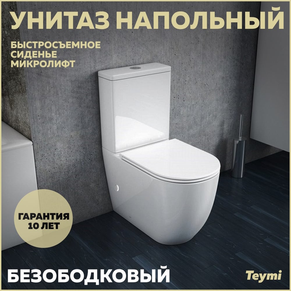 Напольный унитаз Teymi Lina безободковый, сиденье микролифт T40103  ЦБ-00264840 - выгодная цена, отзывы, характеристики, фото - купить в Москве  и РФ