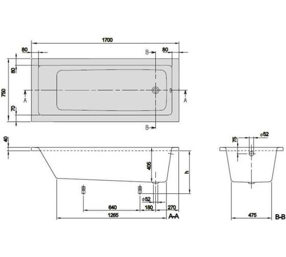 Акриловая ванна Villeroy & Boch Targa plus solo uba171nes2v-01 + u99740000 1700x750x410 мм ножки 00000091656