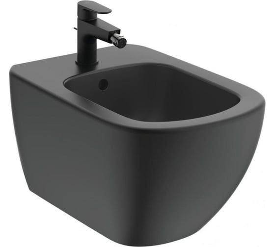 Подвесное биде Ideal Standard T3552v3 tesi с отверстием под смеситель, с отверстием перелива, с крепежом tt0299598 для скрытого монтажа, silk black черный матовый 00000095115