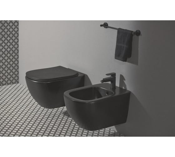 Подвесное биде Ideal Standard T3552v3 tesi с отверстием под смеситель, с отверстием перелива, с крепежом tt0299598 для скрытого монтажа, silk black черный матовый 00000095115
