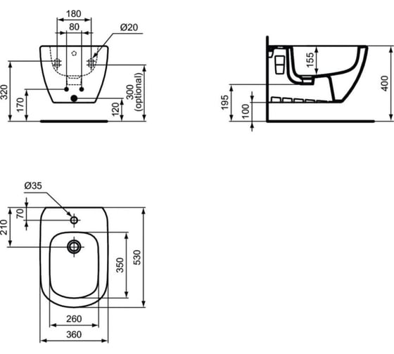 Подвесное биде Ideal Standard T3552v3 tesi с отверстием под смеситель, с отверстием перелива, с крепежом tt0299598 для скрытого монтажа, silk black черный матовый 00000095115