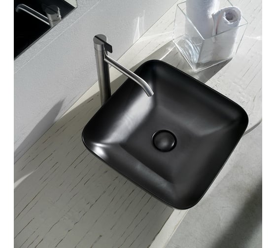 Накладная раковина AeT Italia aet elite square 43x43 см, без отверстия под смеситель, черный матовый, донный клапан черный матовый, свободный слив L602T0R0V0105