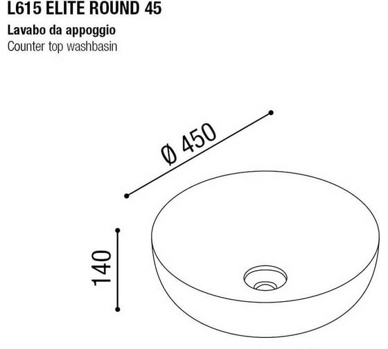 Накладная раковина AeT Italia AeT Elite Round d.45, цвет белый матовый, с донным клапаном, свободный слив, цвет клапана белый матовый L615T0R0V0101