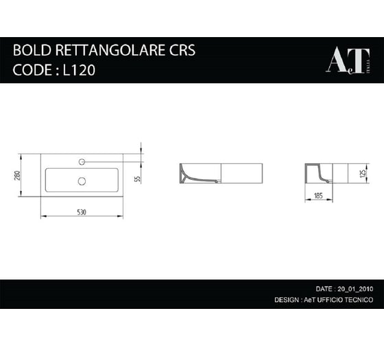 Подвесная раковина AeT Italia aet bold, 53x28 h. 12,5 см., с 1-м отверстием под смеситель, без крепежа, цвет белый L120T0R1V1100