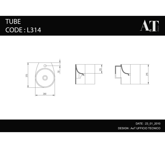 Подвесная раковина AeT Italia aet idea tube, 28x37 h. 29,5 см., с 1-м отверстием под смеситель, без крепежа, цвет белый L314T0R1V1100