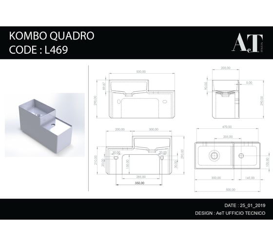 Подвесная раковина AeT Italia aet kombo quadro, 47x21 h. 29 см, с 1-м отверстием под смеситель, крепеж в комплекте, цвет белый L469T0R1V1100