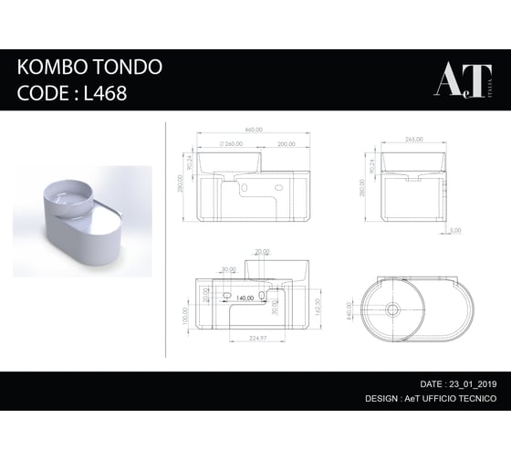 Подвесная раковина AeT Italia aet kombo tondo, 46x21 h. 28 см., с 1-м отверстием под смеситель, крепеж в комплекте, цвет белый L468T0R1V1100