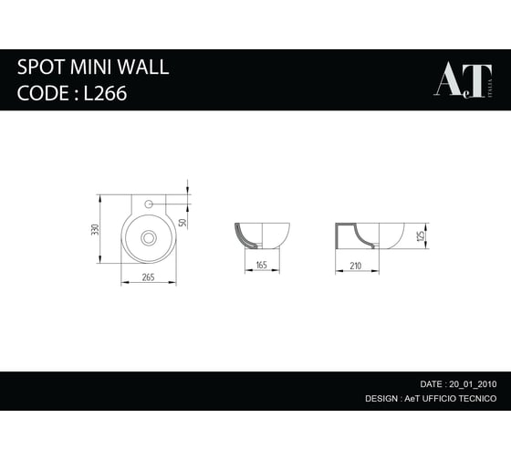 Подвесная раковина AeT Italia aet spot mini wall, 26,5x33 h. 12,5 см., с 1-м отверстием под смеситель, без крепежа, цвет белый L266T0R1V1100