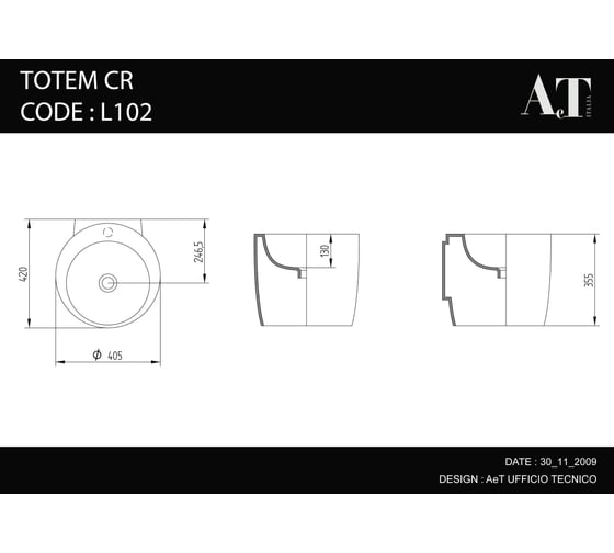 Подвесная раковина AeT Italia aet totem cr, h. 35.5 см d.41 см., без отверстия под смеситель, без крепежа, цвет белый L102T0R0V1100