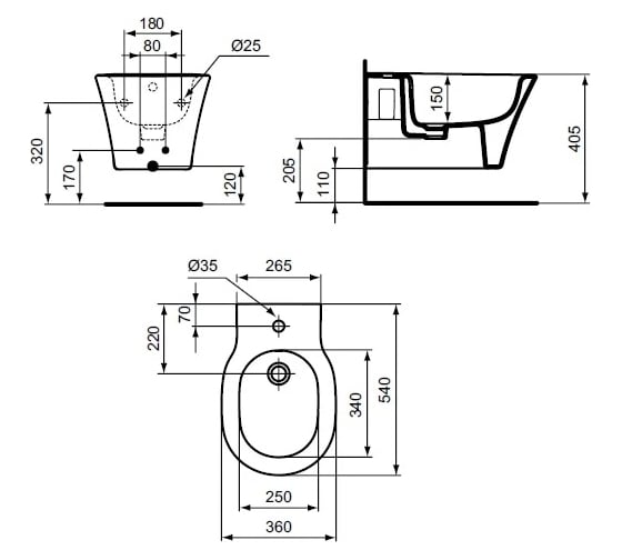 Подвесное биде Ideal Standard E233501 connect air отверстие под смеситель, с отверстием перелива, с крепежом 00000099641