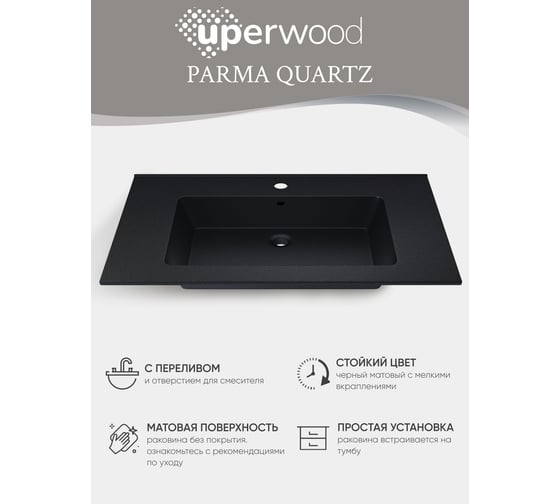Полувстраиваемая раковина для ванной Uperwood Parma Quartz 75 см, черная матовая, космос 291003007