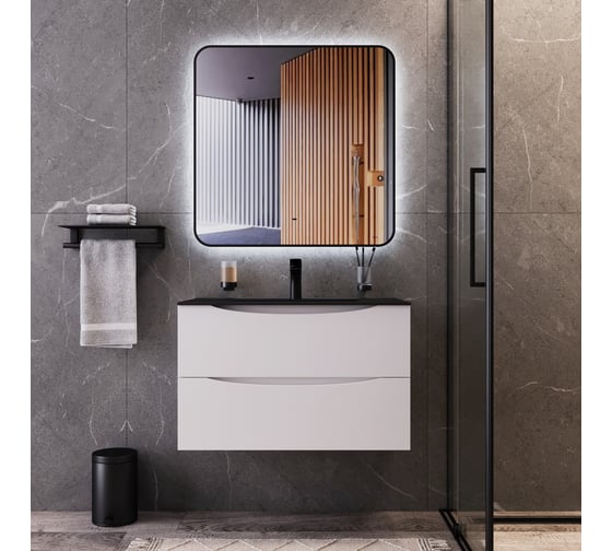 Тумба подвесная BOND Cube 80см белая матовая с чёрной матовой раковиной S05-808 T01805-S05B
