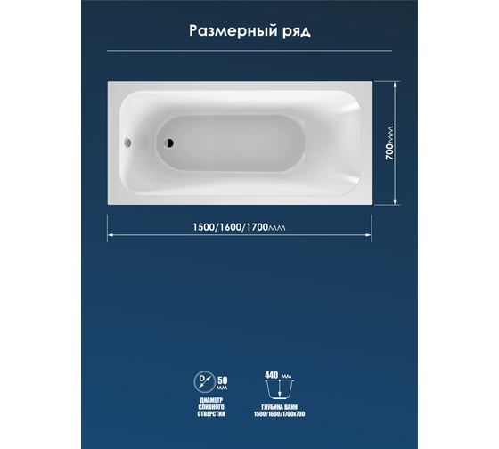 Акриловая ванна МетаКам Strict 1700х700 мм, монтажный пакет 4650208865022