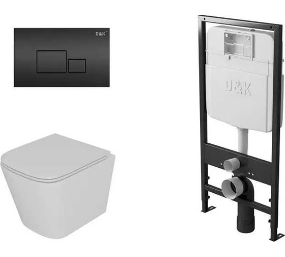 Комплект D&K: Подвесной безободковый унитаз D&K Berlin DT1436016, 490х340х350 мм, инсталляция, сиденье микролифт, белый DS1431611