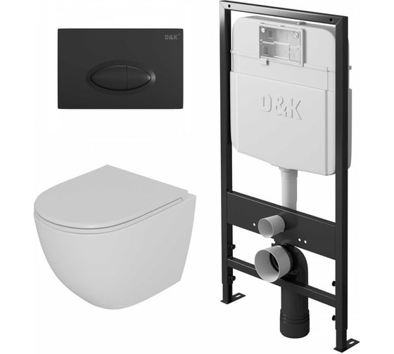 Комплект D&K: Подвесной безободковый унитаз D&K Matrix DT1396016, 490х370х360 мм, инсталляция, сиденье микролифт, белый DS1391610 1
