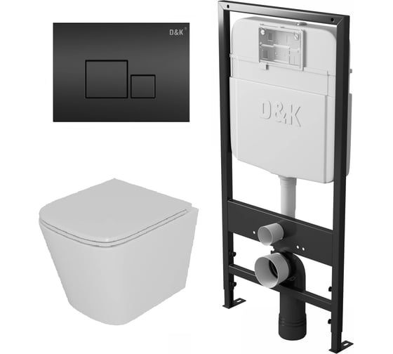 Комплект D&K: Подвесной безободковый унитаз D&K Quadro DT1516016, 530х360х365 мм, инсталляция, сиденье микролифт, белый DS1511607 1