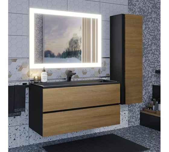 Подвесная тумба с раковиной для ванной Uperwood Barsa_100 см, раковина черная, черная/дуб сонома 293020542