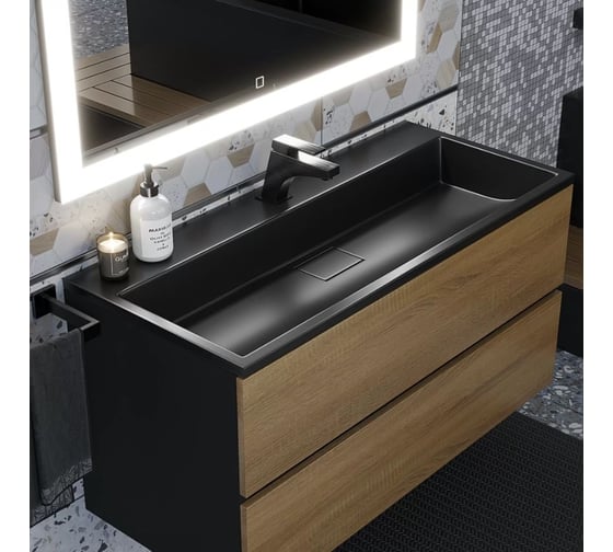 Подвесная тумба с раковиной для ванной Uperwood Barsa_100 см, раковина черная, черная/дуб сонома 293020542