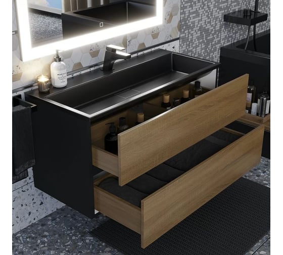 Подвесная тумба с раковиной для ванной Uperwood Barsa_100 см, раковина черная, черная/дуб сонома 293020542