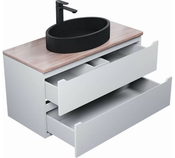 Комплект: тумба со столешницей для ванной Uperwood Tanos_100 см, белая/бук светлый, с накладной раковиной Rome, цвет черный 2910210427