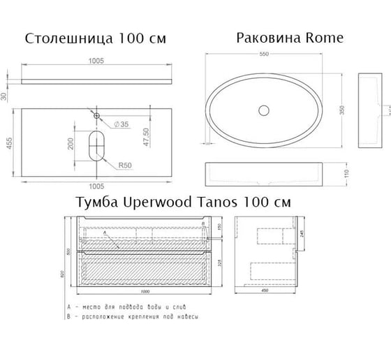 Комплект: тумба со столешницей для ванной Uperwood Tanos_100 см, белая/бук светлый, с накладной раковиной Rome, цвет черный 2910210427