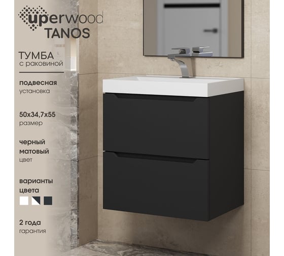 Подвесная тумба с раковиной для ванной Uperwood Tanos_50 см, матовая, черная 29111020235