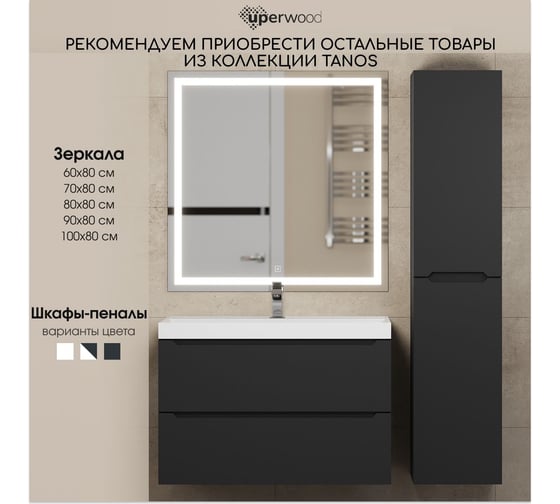 Подвесная тумба с раковиной для ванной Uperwood Tanos_50 см, матовая, черная 29111020235