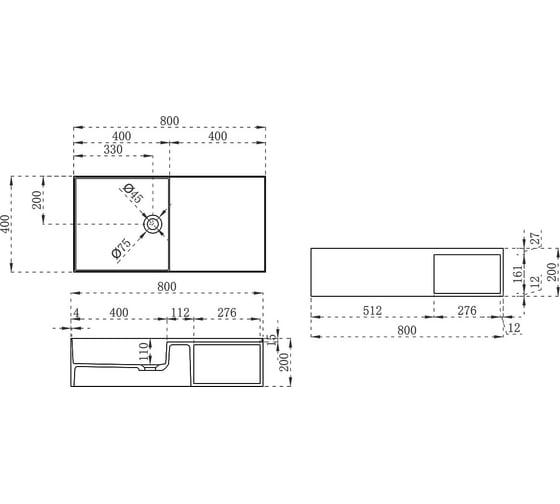 Раковина из искусственного камня VINCEA 800x400x200, подвесная, белый матовый VWB-6S180MW