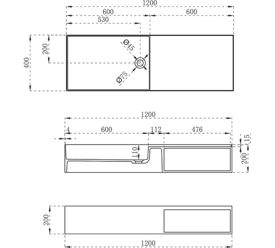 Раковина из искусственного камня VINCEA 1200x400x200, подвесная, белый матовый VWB-6S112MW