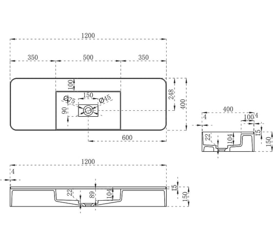 Раковина из искусственного камня VINCEA 1200x400x150, подвесная, белый матовый VWB-6S312MW