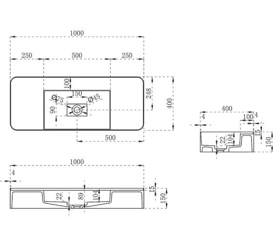 Раковина из искусственного камня VINCEA 1000x400x150, подвесная, белый матовый VWB-6S380MW