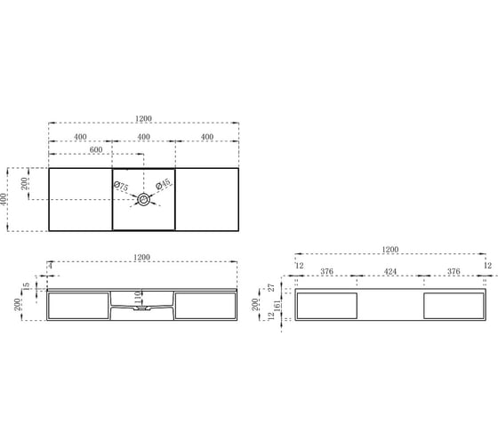 Раковина из искусственного камня VINCEA 1200x400x200, подвесная, белый матовый VWB-6S212MW