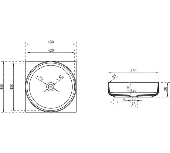 Раковина из искусственного камня VINCEA 450x450x130, накладная, белый матовый VBS-6S16MW