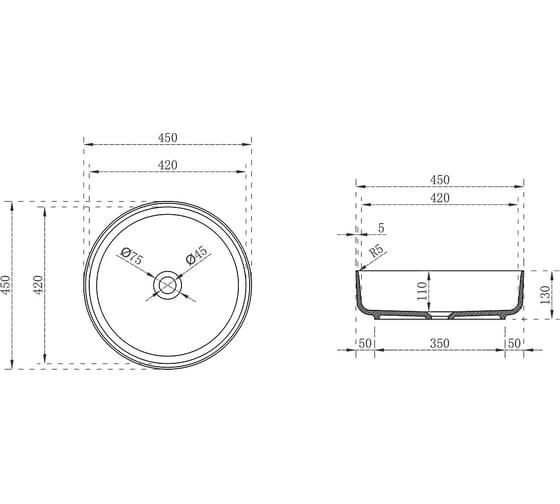Прозрачная раковина VINCEA 450x450x130, накладная, черный VBS-6T16B