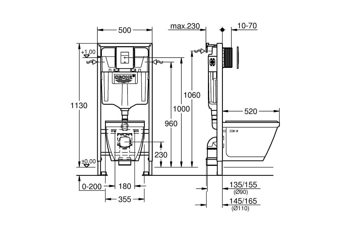 Инсталляция для унитаза с подвесным унитазом 4 в 1 GROHE Solido Perfect ...