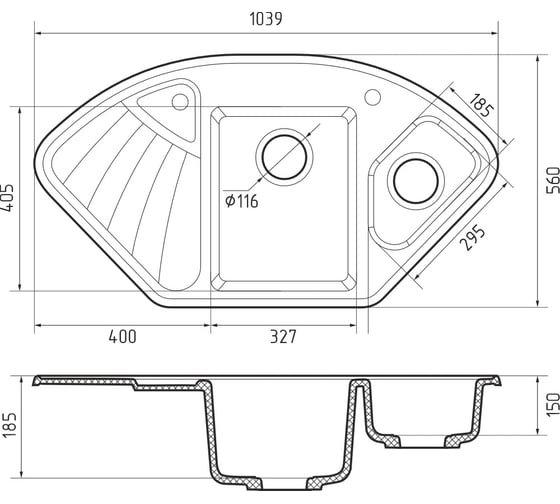 Мойка GranFest CORNER 1040E угловая 1,5-чаши+крыло, 1039х560 мм, кашемир арт.GF- C-1040E кашемир