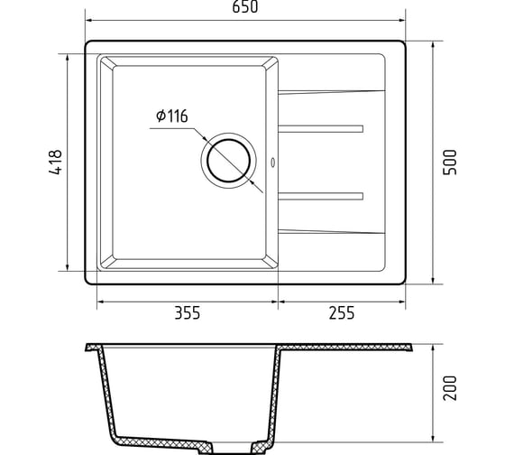 Мойка GranFest QUADRO 650L 1-чаша+крыло 650х500 мм кашемир арт.GF- Q-650L кашемир