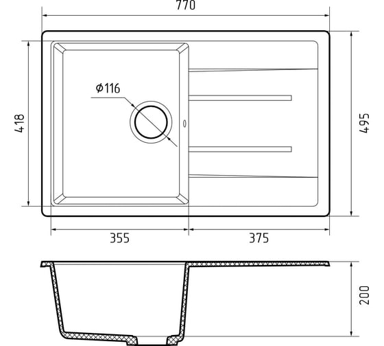 Мойка GranFest QUADRO 780L 1-чаша+крыло 770х495 мм кашемир арт.GF- Q-780L кашемир