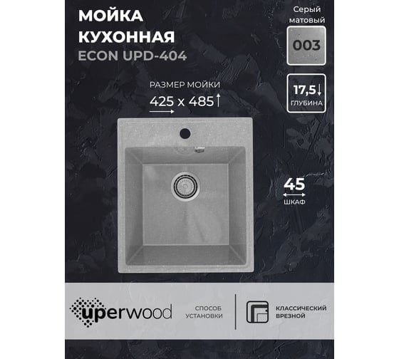 Кухонная мойка из искусственного камня Uperwood ECON прямоугольная, серая матовая UPD-404_003 4910201225