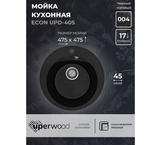 Кухонная мойка Uperwood ECON из искусственного камня UPD-405_004, круглая, черная матовая 4910201230