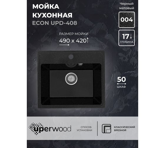 Кухонная мойка Uperwood ECON из искусственного камня UPD-408_004, прямоугольная, черная матовая 4910201234