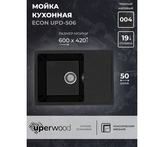 Кухонная мойка Uperwood ECON из искусственного камня UPD-506_004, прямоугольная, черная матовая 4910201242