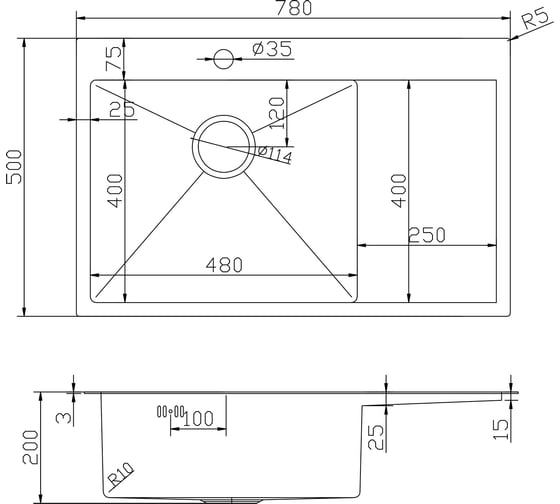 Мойка настольного монтажа MIXLINE 78x50 (3,0) лев. вып 3 1/2 pro 20см с сифоном (черный графит) 552922