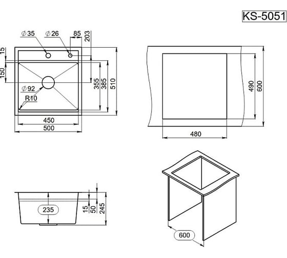 Мойка для кухни GRANULA KS-5051, графит матовый